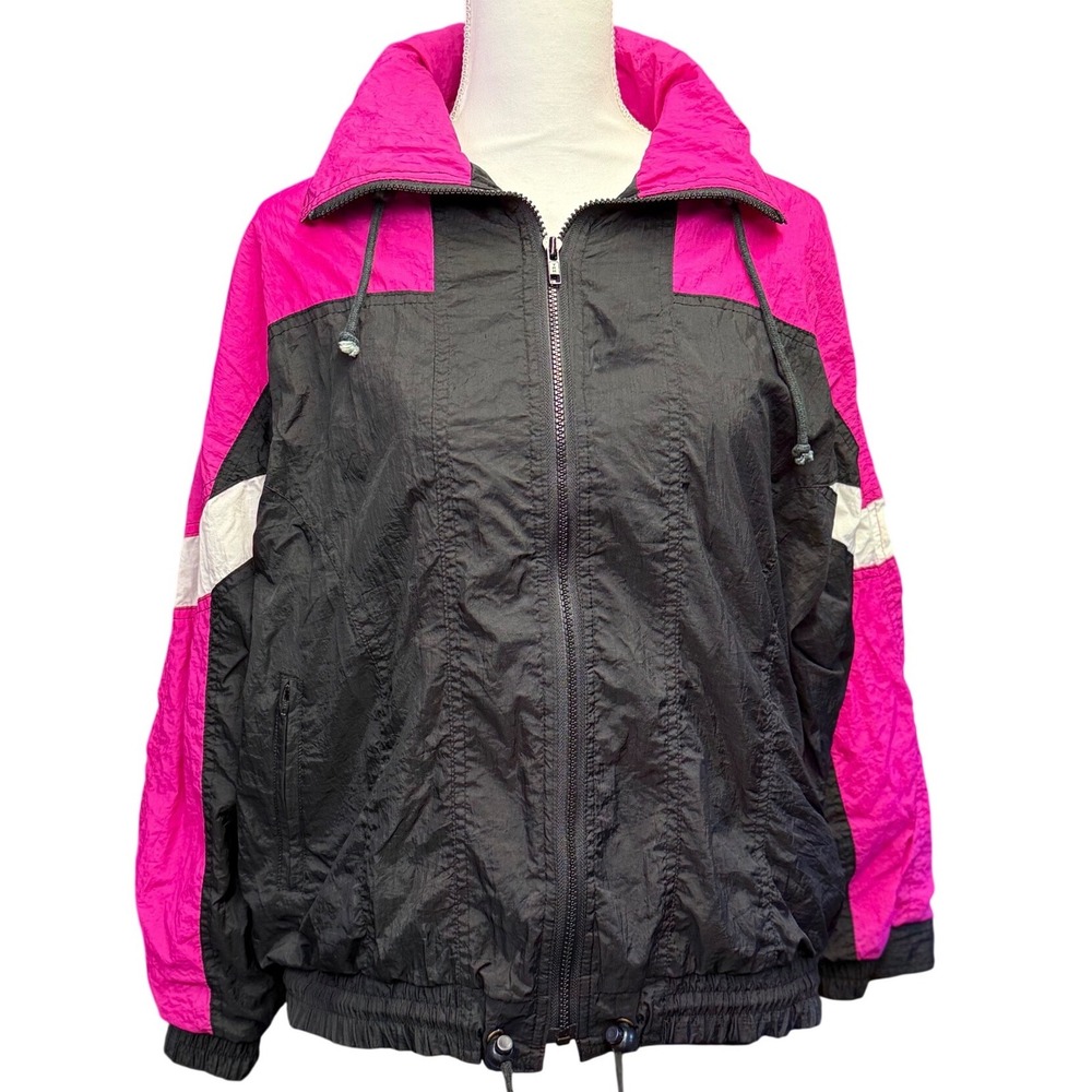 Vintage 90s Colorblock Windbreaker Jacket Pink Black Nylon Large